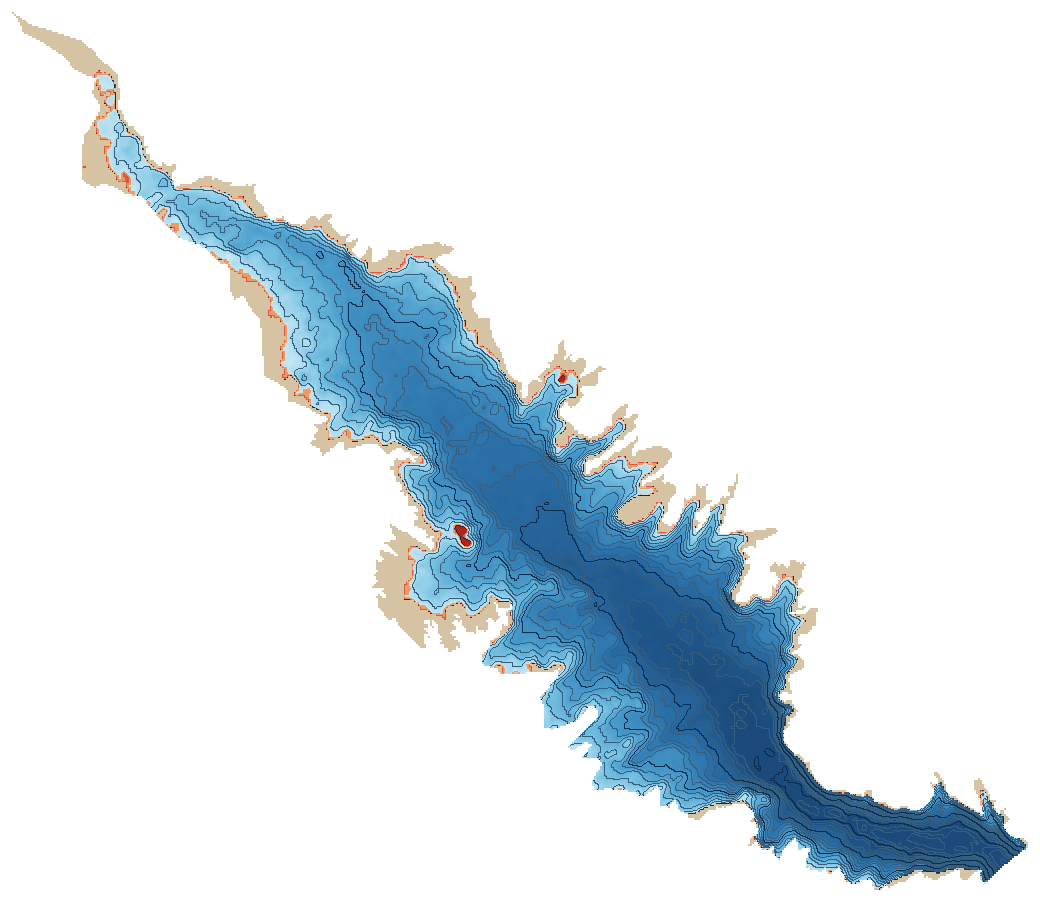 Plano del fondo del dique Potrerillos con curvas de profundidad